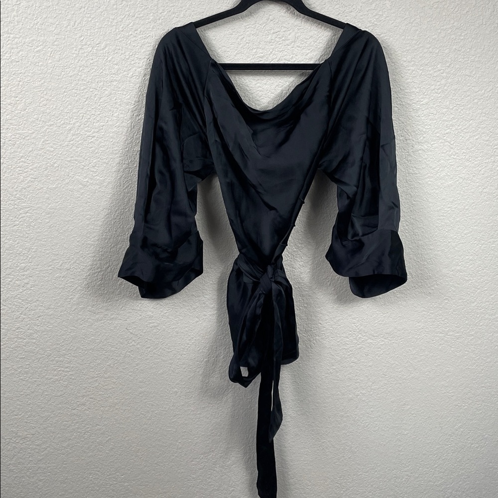 Nwt Petar Petrov Cosima Cross Back Wrap Blouse Black Satin Sz 44 — image 3 of 8